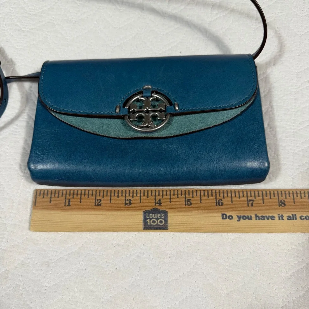 Tory‎ Burch Miller Wallet Crossbody Bag Women OS Teal Blue Leather Suede GUC